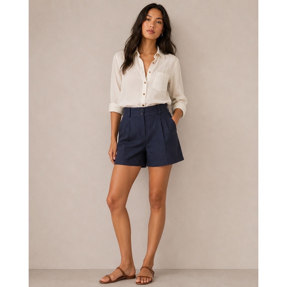 Talbots Navy Blue 100% Linen Pleated High Waist Shorts Womens Size 4